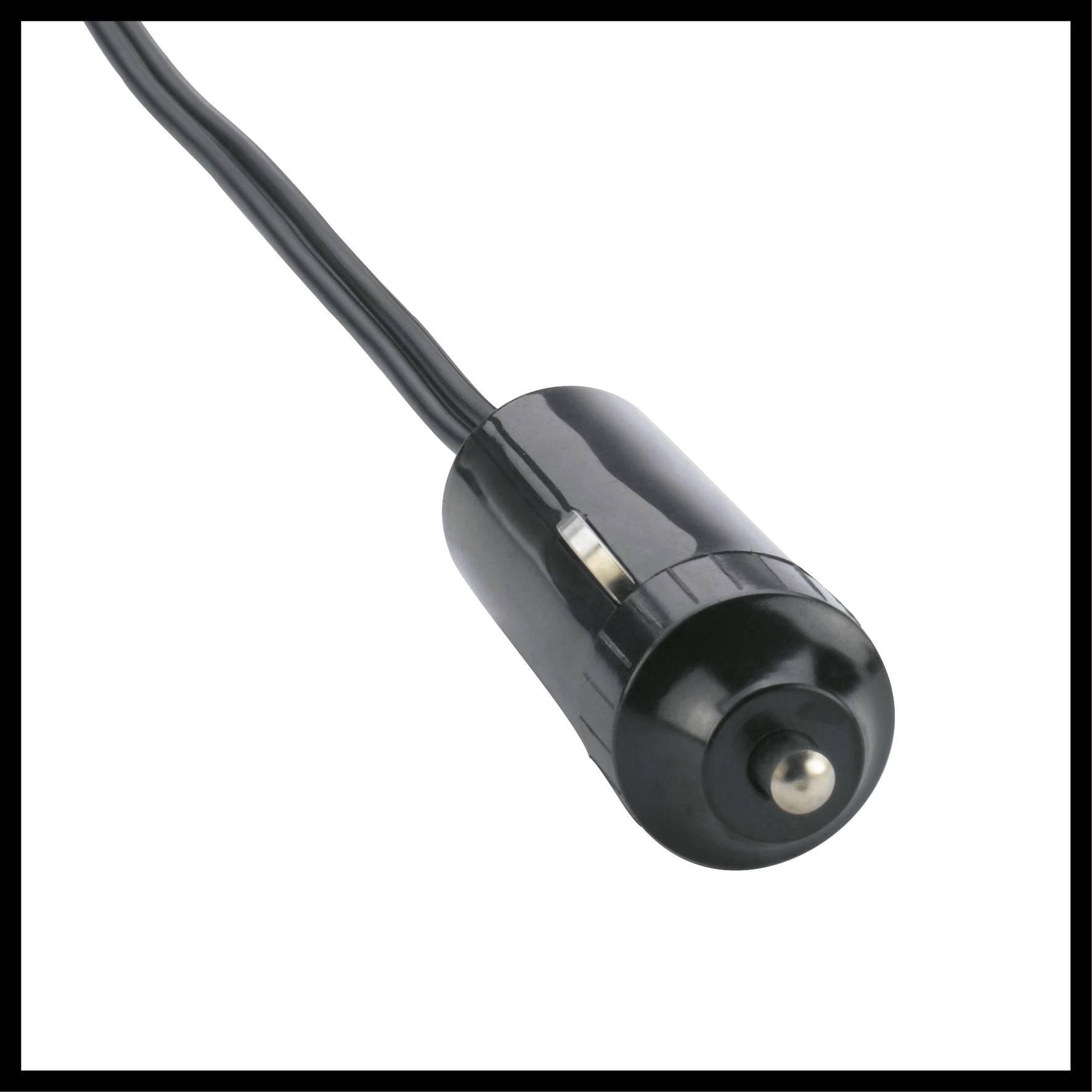 Black vehicle cigarette lighter plug with cable that can be connected to an electronic device.