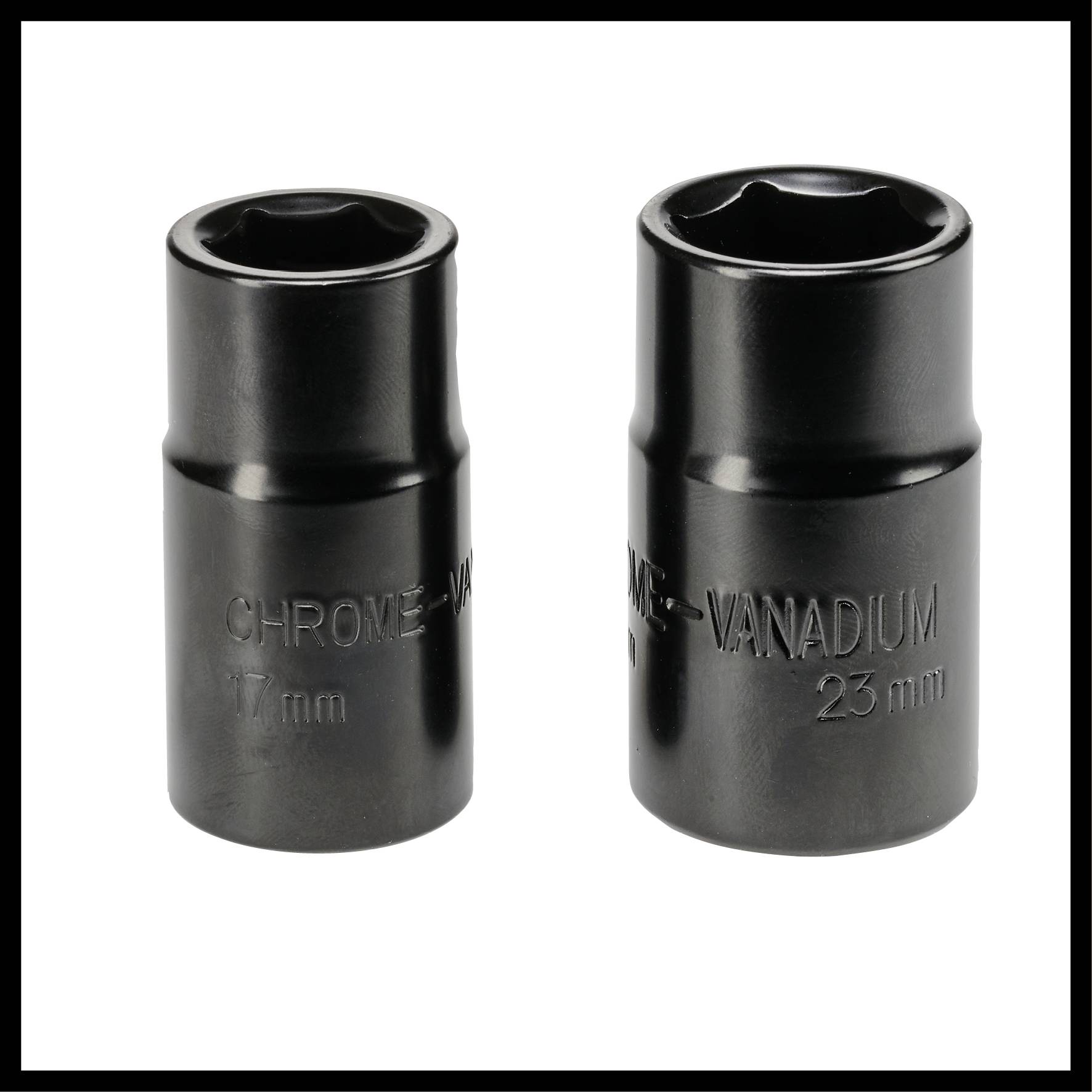 Two chrome vanadium steel socket wrenches, sizes 17 mm and 23 mm, side by side on a white background.