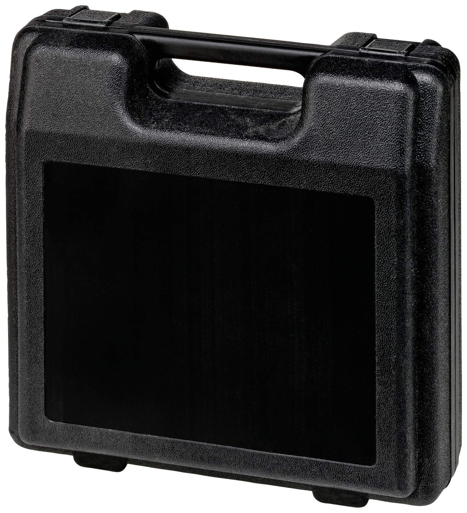 Black plastic toolbox with carry handle, suitable for transportation or storage of tools.