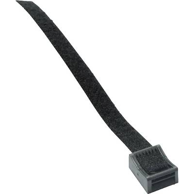 A black plastic cable tie is pictured on a white background.