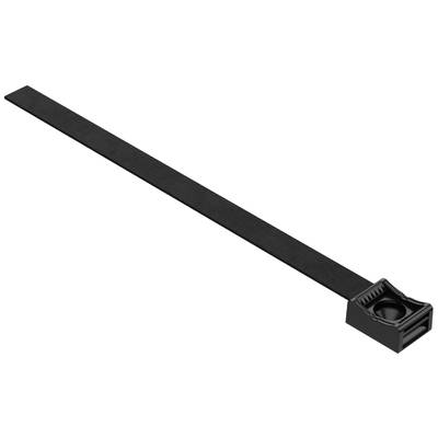 Long black cable tie with a rectangular head and ribbed textile band. Used for bundling and securing cables.
