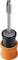 A metal cutting tool with an orange handle, suitable for cutting threads into a workpiece.