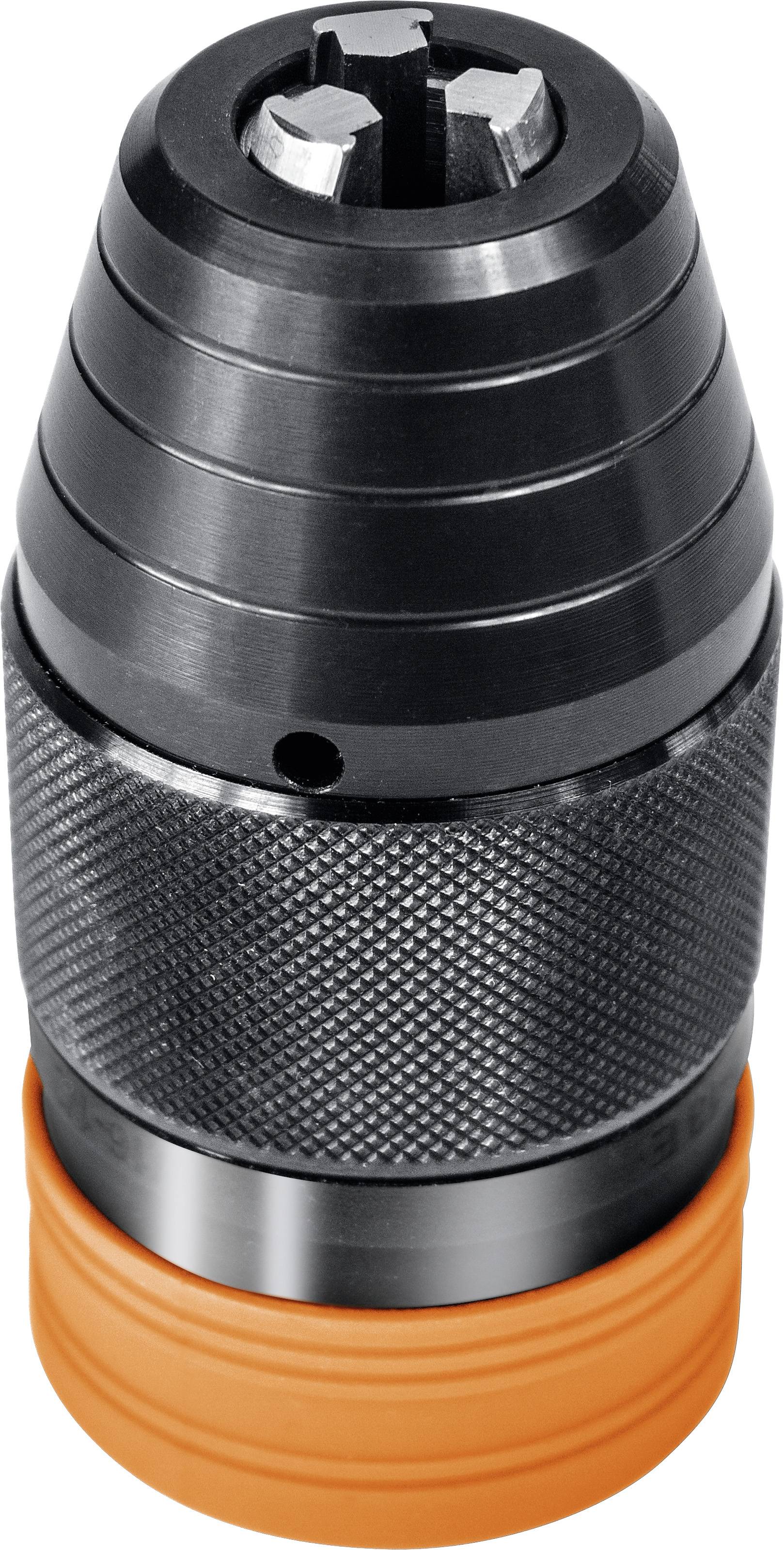 An adjustable drill chuck with a knurled, black metal body and an orange plastic ring.