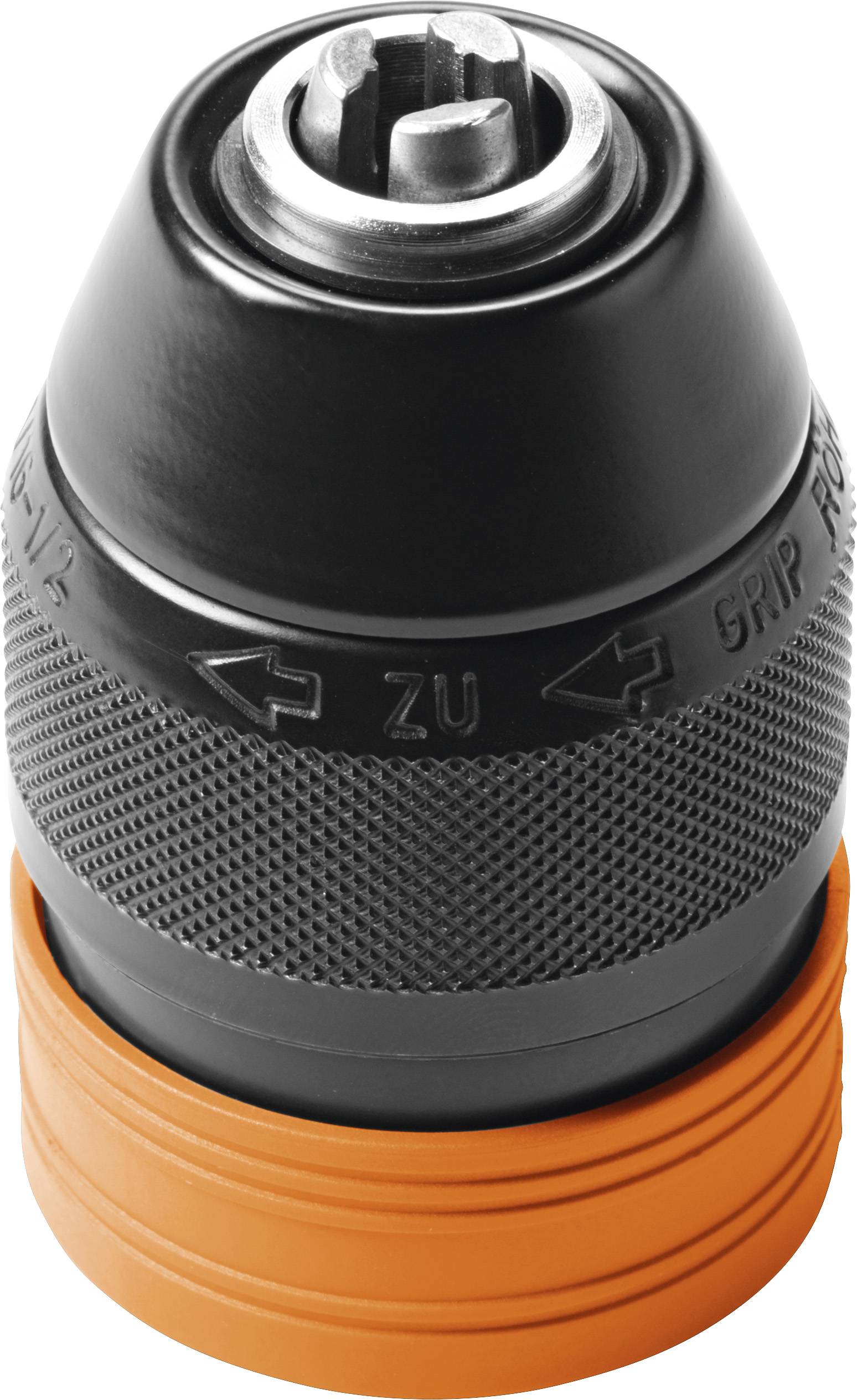 Black and orange drill chuck with metal head, with 'GRIP' and 'OPEN' text on it, suitable for holding drill bits in a drill.