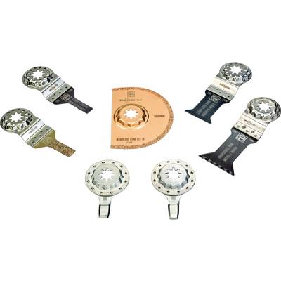 Various oscillating tool attachments in a circular arrangement, including saw blades and grinding heads, on a white background.