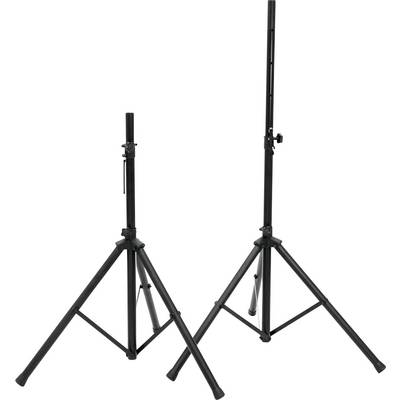 Two black, height-adjustable metal loudspeaker stands with three legs, one completely extended, the other partially retracted.