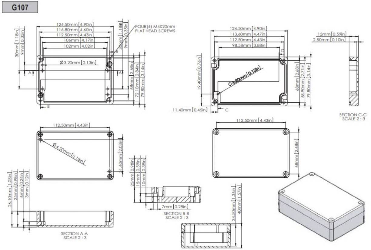 Technical drawing of a rectangular enclosure with dimensions, screw positions, and multiple views for assembly.