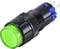 Green illuminated push button with black housing and blue mounting mechanism, wire connections visible.