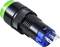 Green LED push button switch with a black housing and blue base, side view with connection pins visible.