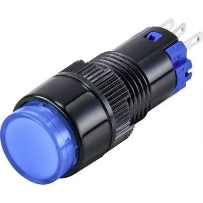 A blue push-button switch with a black housing and metal terminals, used in electronic circuits or devices.