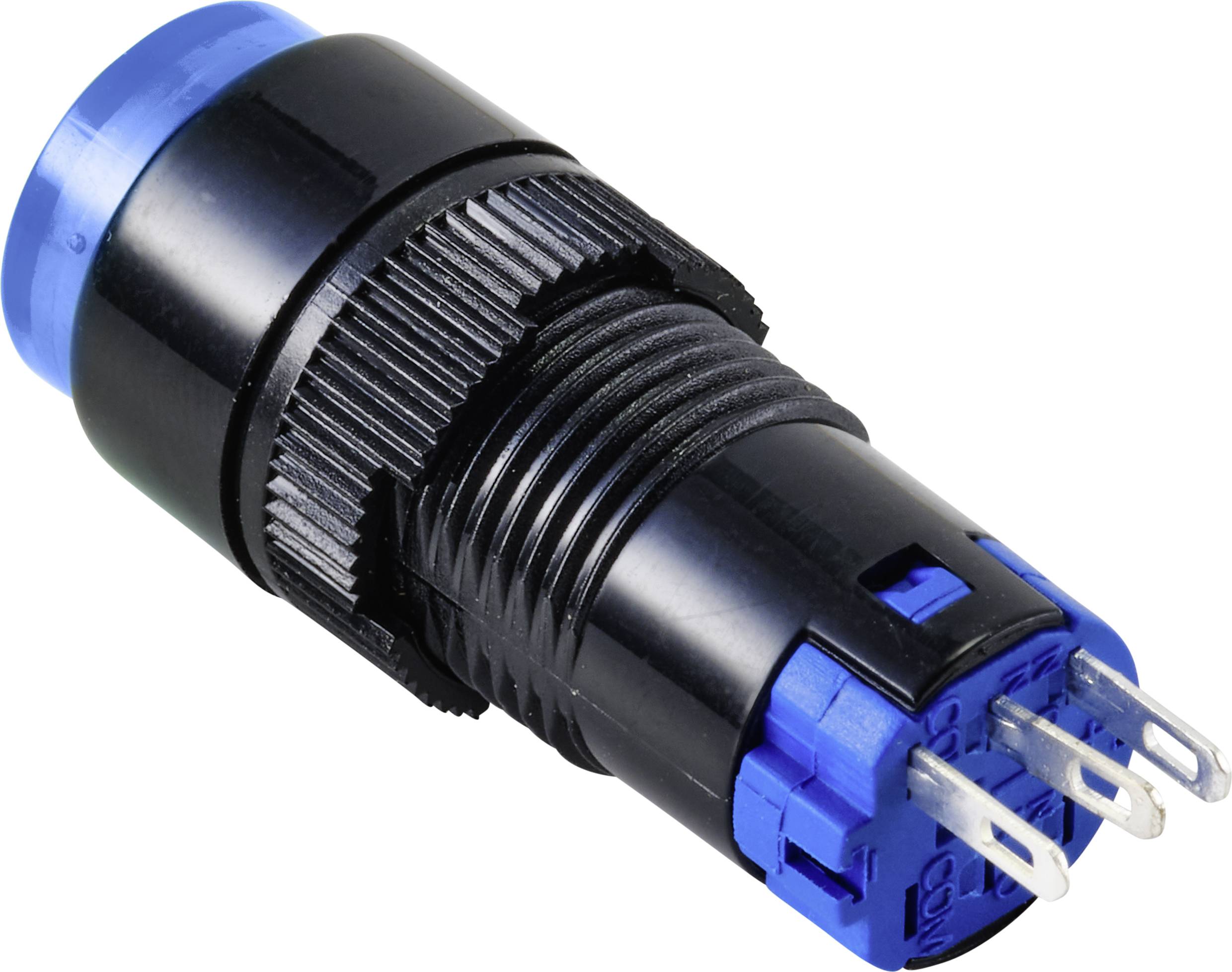 A blue and black electrical connector with three metal pins, used for connecting cables or devices.