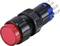 A red push button with blue and black mounting, suitable for electronic applications or devices.