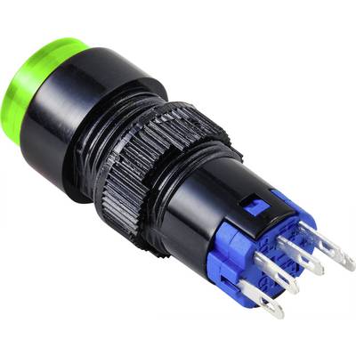 Close-up of a green LED push button with a black housing and blue pins. Ideal for electronic applications.