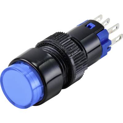 Blue push button switch with black housing and metal terminals.