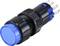 Blue push button switch with black housing and metal terminals.