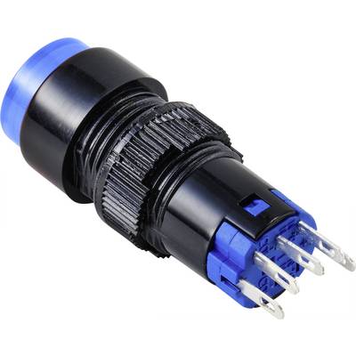 A round, blue push button with a black housing and multiple pins, suitable for electronic applications.