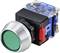 A green push-button switch with a black housing and silver bezel, suitable for electronic control systems in machinery.