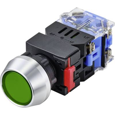 A round green push button with a black housing and electrical terminals, suitable for industrial machinery or control systems.