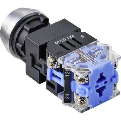 A black and blue electrical switch with transparent elements and labelling 'AC/DC 12V'.