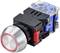 Electric push button with a red ring, black housing and blue rear, commonly used in machine controls.
