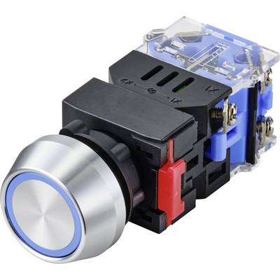 A metal push button with a blue ring and black housing, suitable for industrial circuits and control systems.