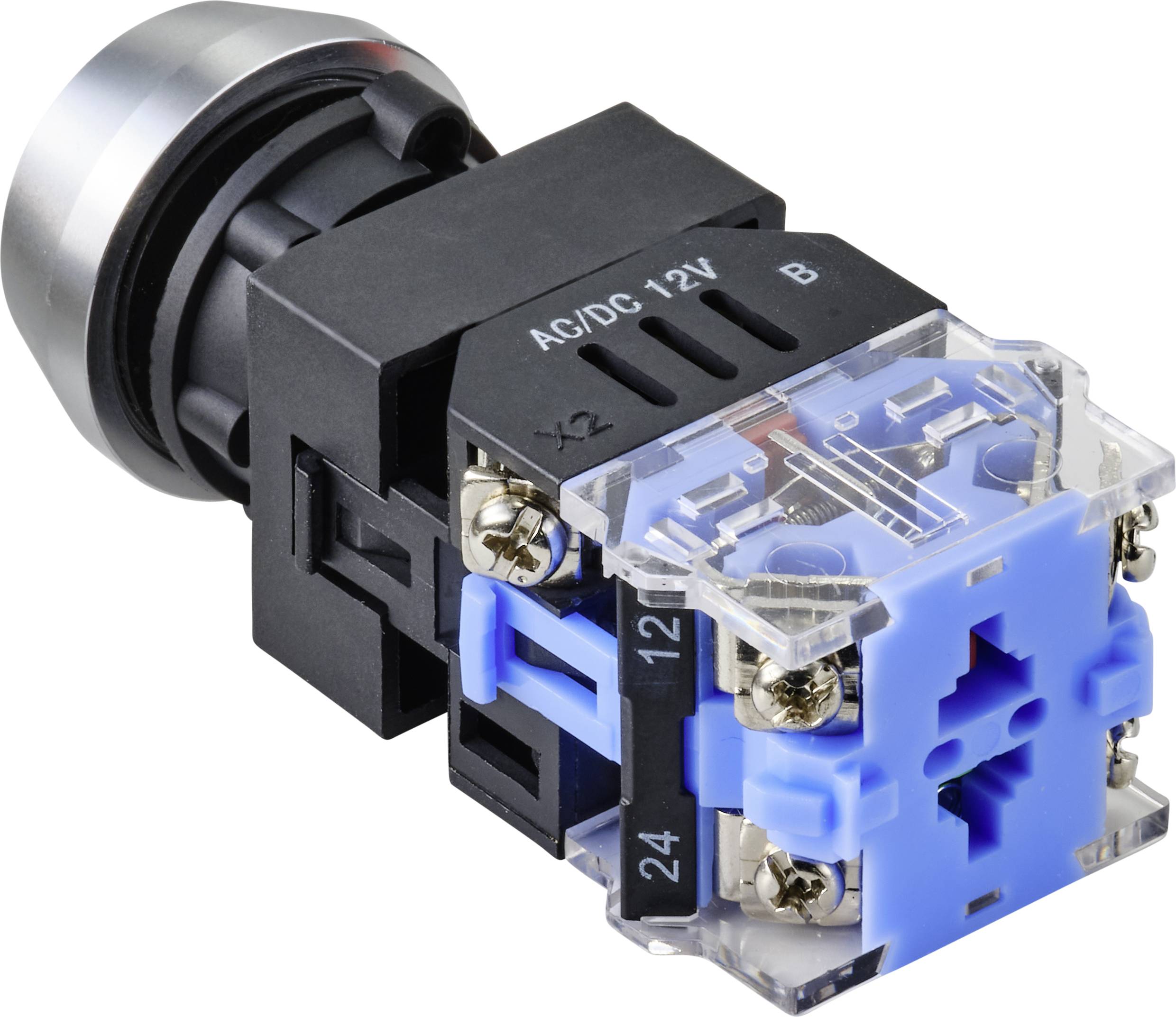 A round, silver push-button switch with a blue, translucent plastic casing, labelled 'AC/DC 12V'.