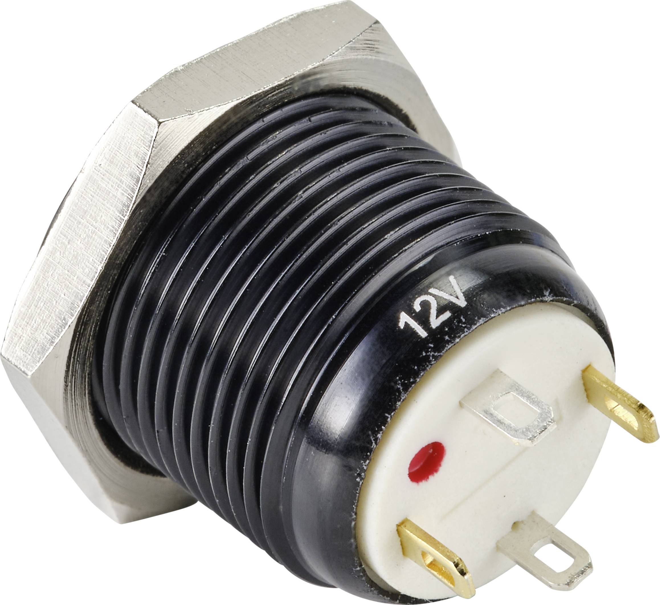 Underside of a round push-button switch with three connection terminals, marked with '12V' and a red dot indicating polarity.