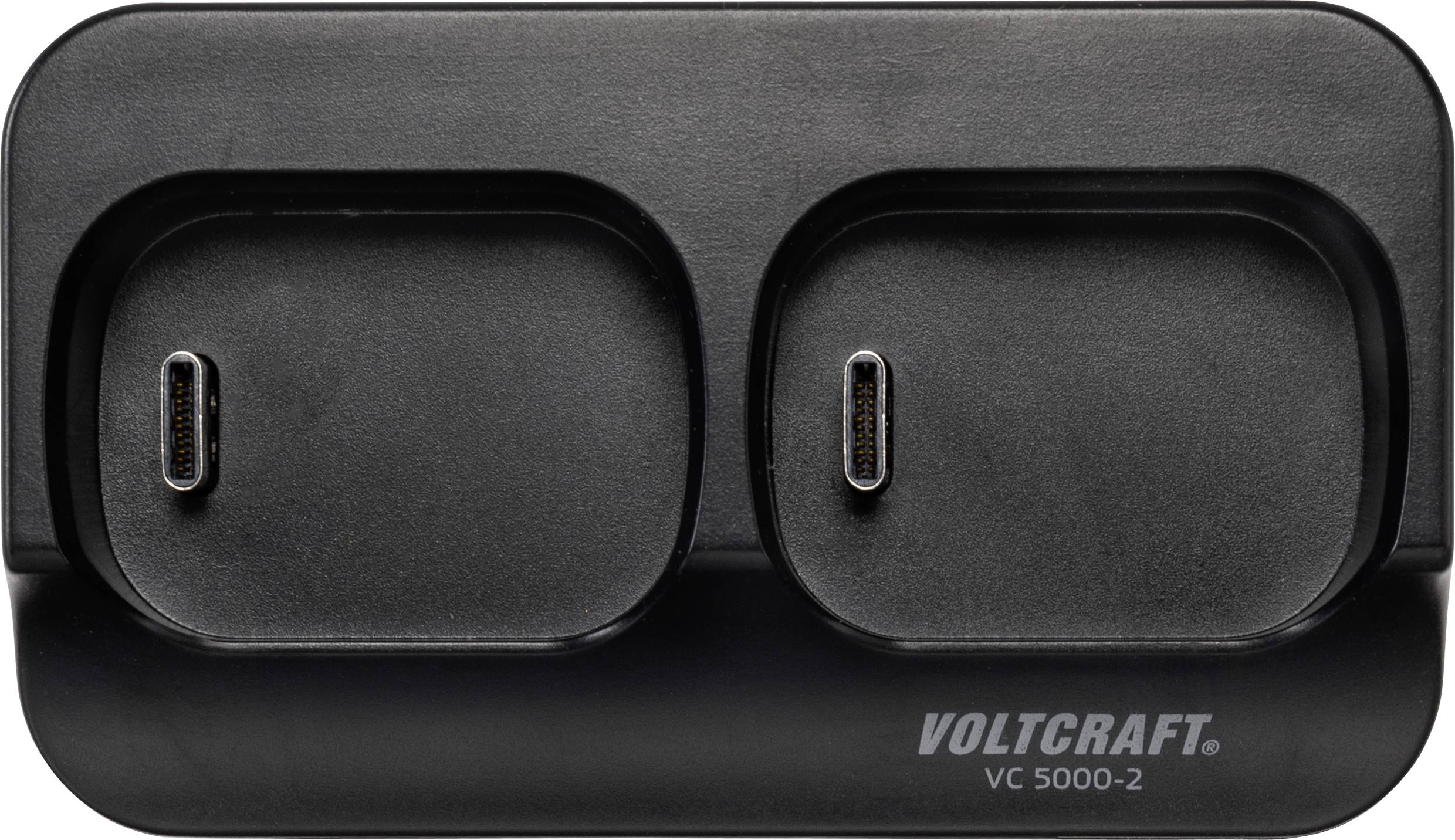 Charger with two USB-C ports, black, brand name 'Voltcraft VC 5000-2' visible.