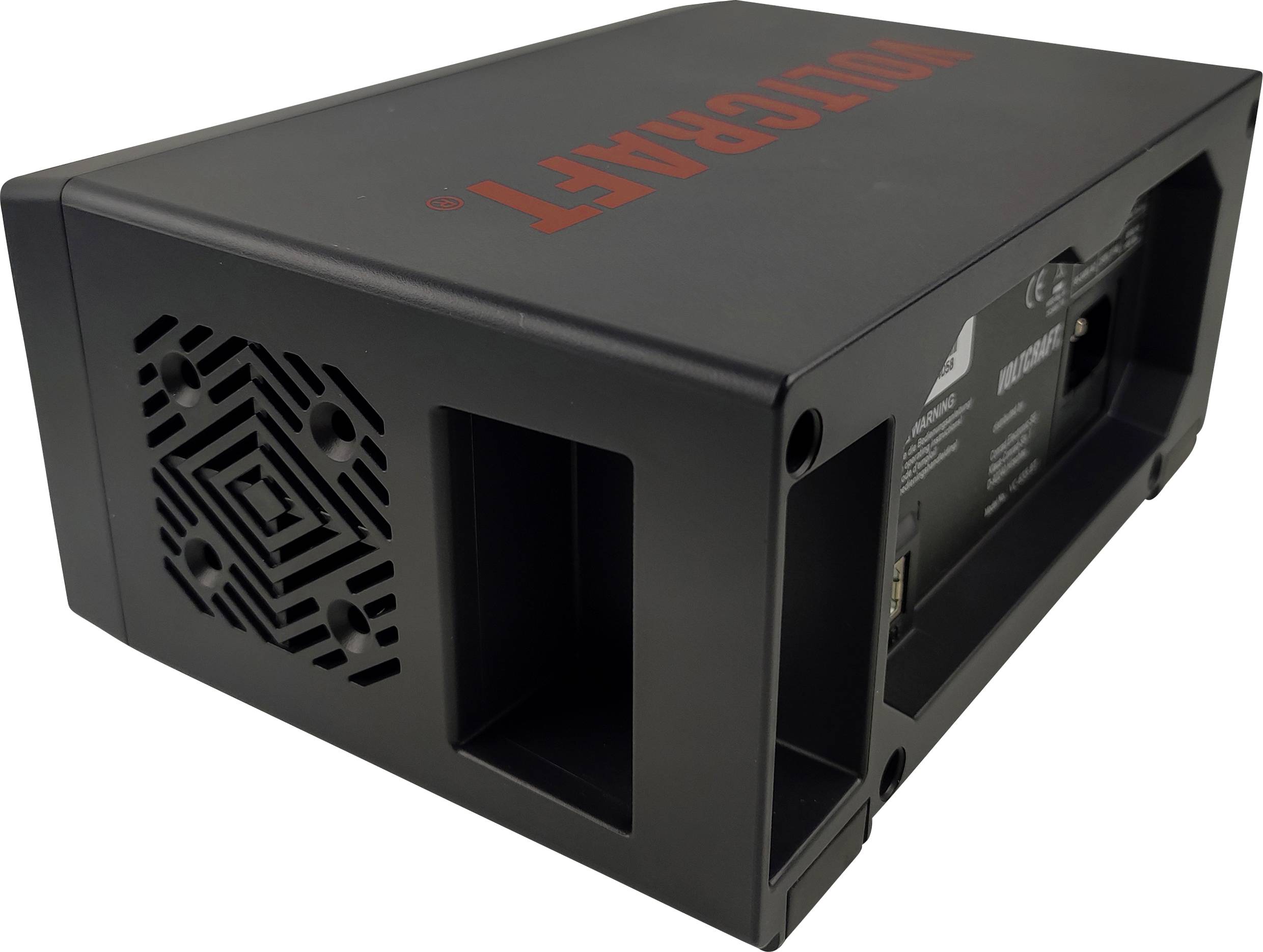 A black electronic device with ventilation slots on the side and a red 'VOLTCRAFT' print on the top surface.