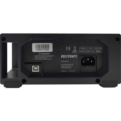 The rear of a Voltcraft device with a power connection, USB port, and warning label. Displays information about voltage and power.