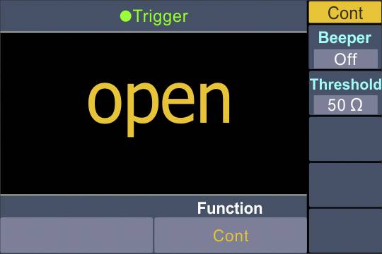 Screen of an electronic display: 'Trigger open' in Yellow. Right side shows settings: Cont, Beeper Off, Threshold 50 Ω.