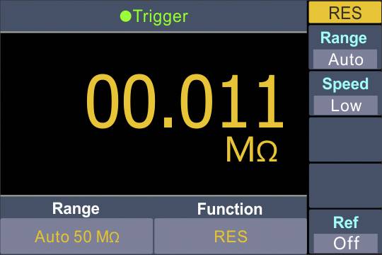 'RES' measuring device shows 0.011 MΩ in Auto 50 MΩ range. Trigger active, range set to 'Auto', low speed, Ref 'Off'.