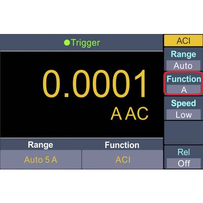 Measuring device display shows '0.0001 AAC', function 'A', range 'Auto 5 A' and ACI mode. Speed set to 'Low', Rel set to 'Off'.
