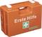 Orange first aid box with white cross on a green background. Text 'First Aid' and logo 'B-SAFETY' on the front.