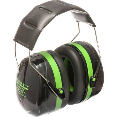 Ear defenders with green accents on a black background. They are designed to protect against noise.