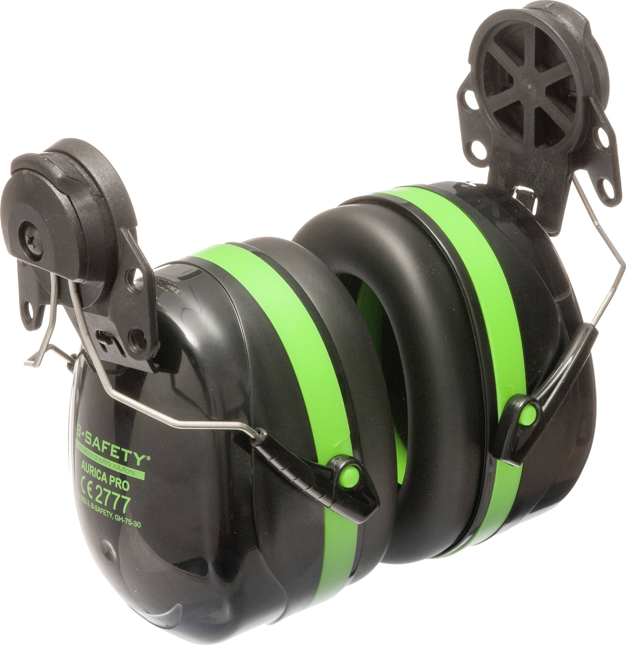 Ear defenders with green stripes and a black housing, suitable for noise protection in loud environments.