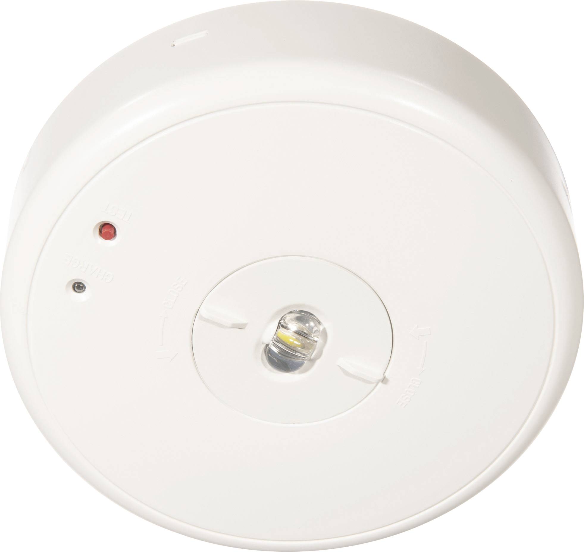 A white smoke detector with a red and a small black indicator on the front, with a central test button.