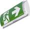 Green emergency exit sign with a white pictogram of a running person and an arrow pointing to the right.