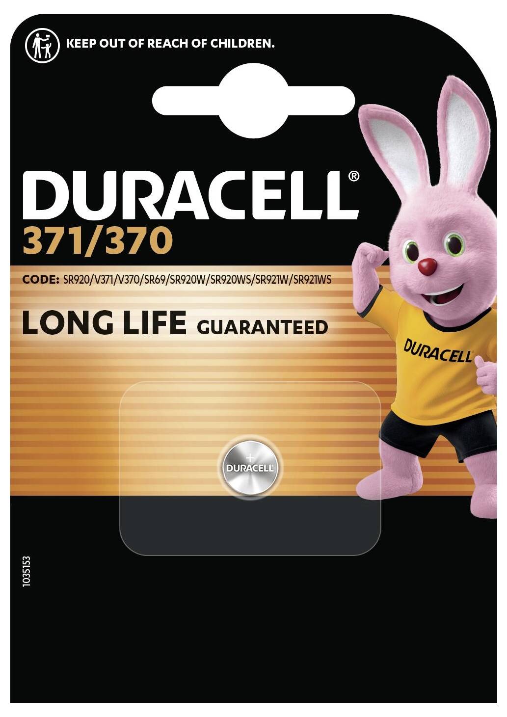 Duracell battery pack featuring a pink bunny mascot. Text reads 'KEEP OUT OF REACH OF CHILDREN' and 'LONG LIFE GUARANTEED.'