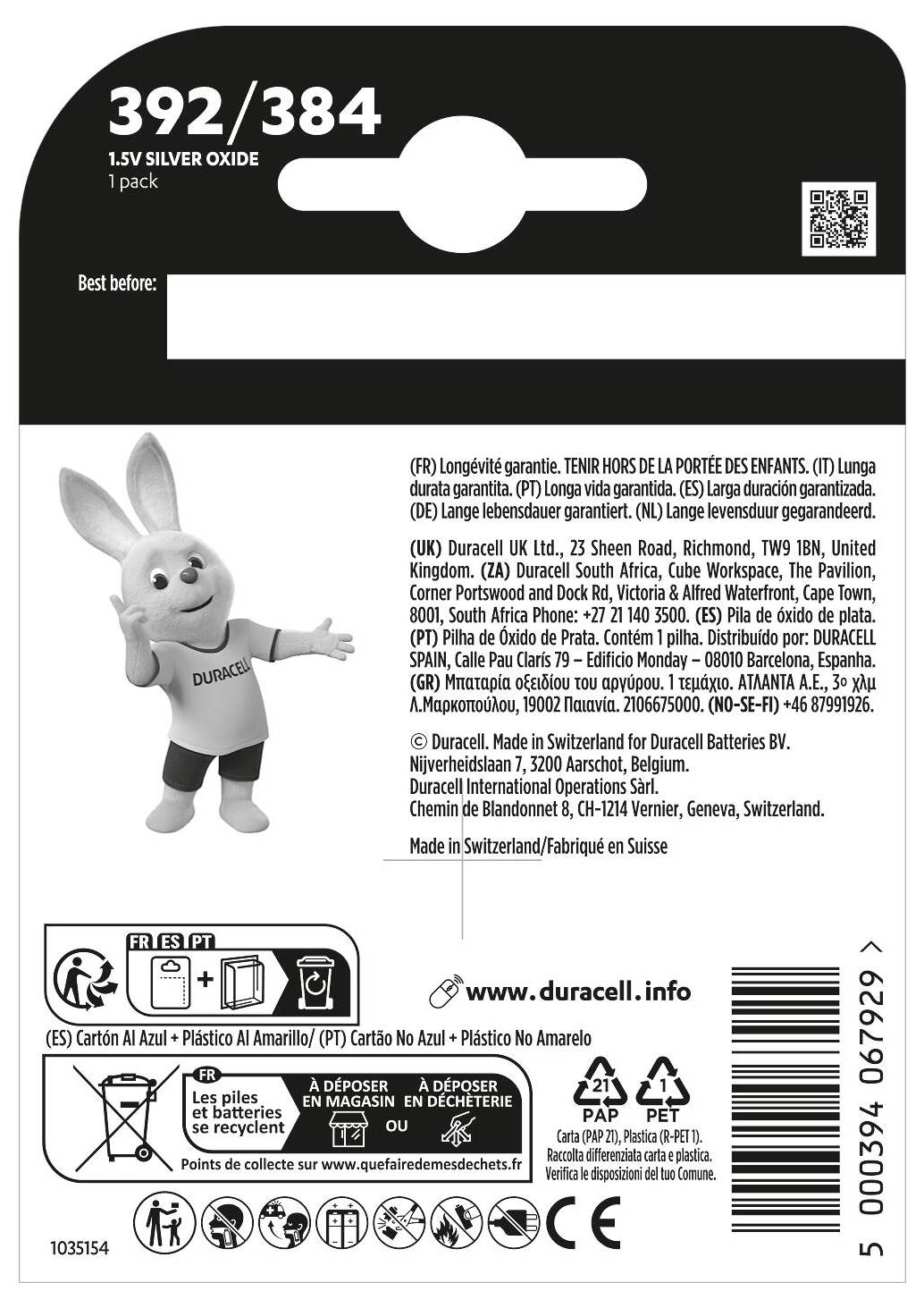 Battery packaging with '1.5V Silver Oxide' text, Duracell bunny image, expiration date area, and recycling info in various languages.