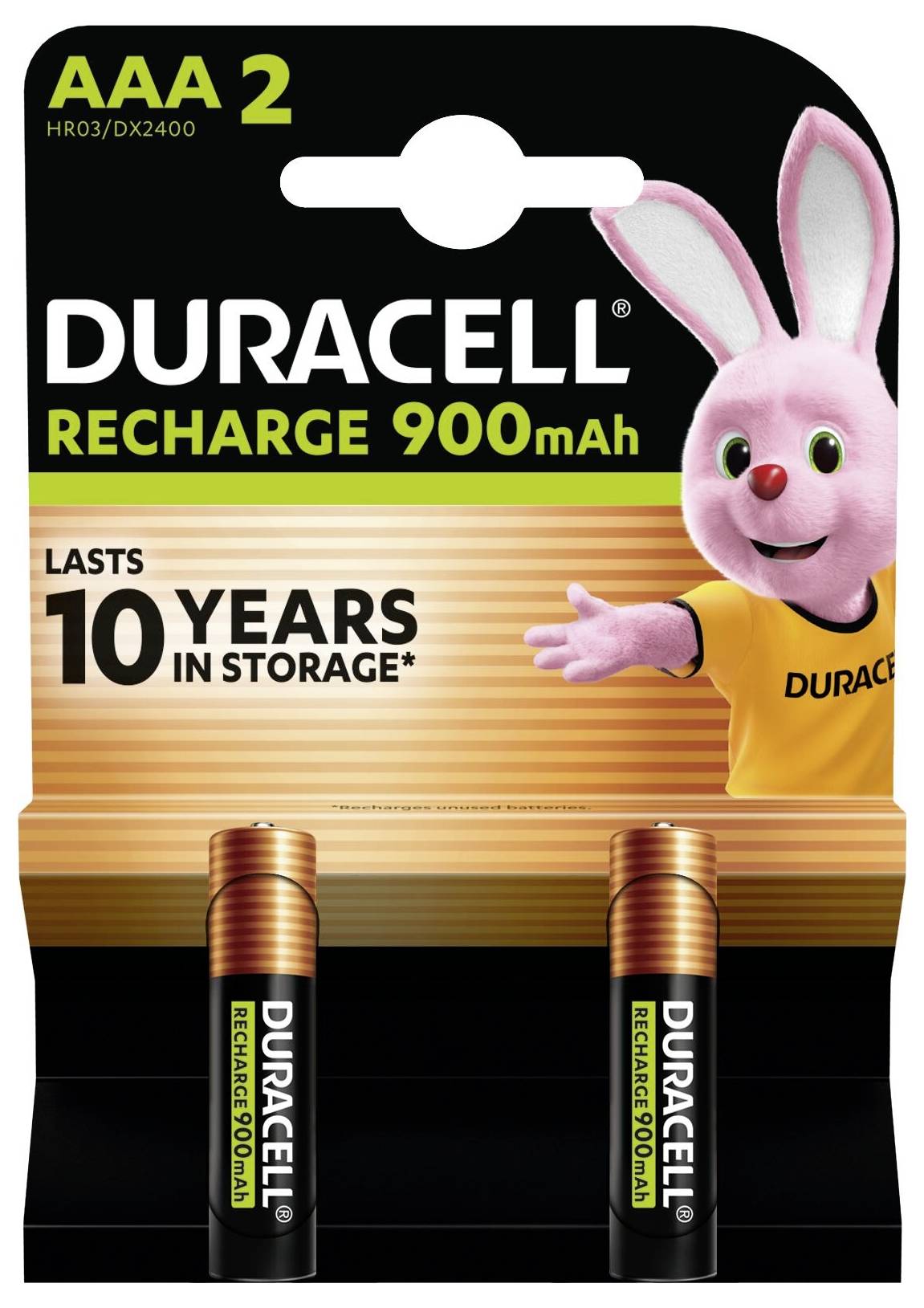 Package of AAA Duracell Rechargeable 900mAh batteries with text 'Lasts 10 years in storage' and an animated pink bunny mascot.