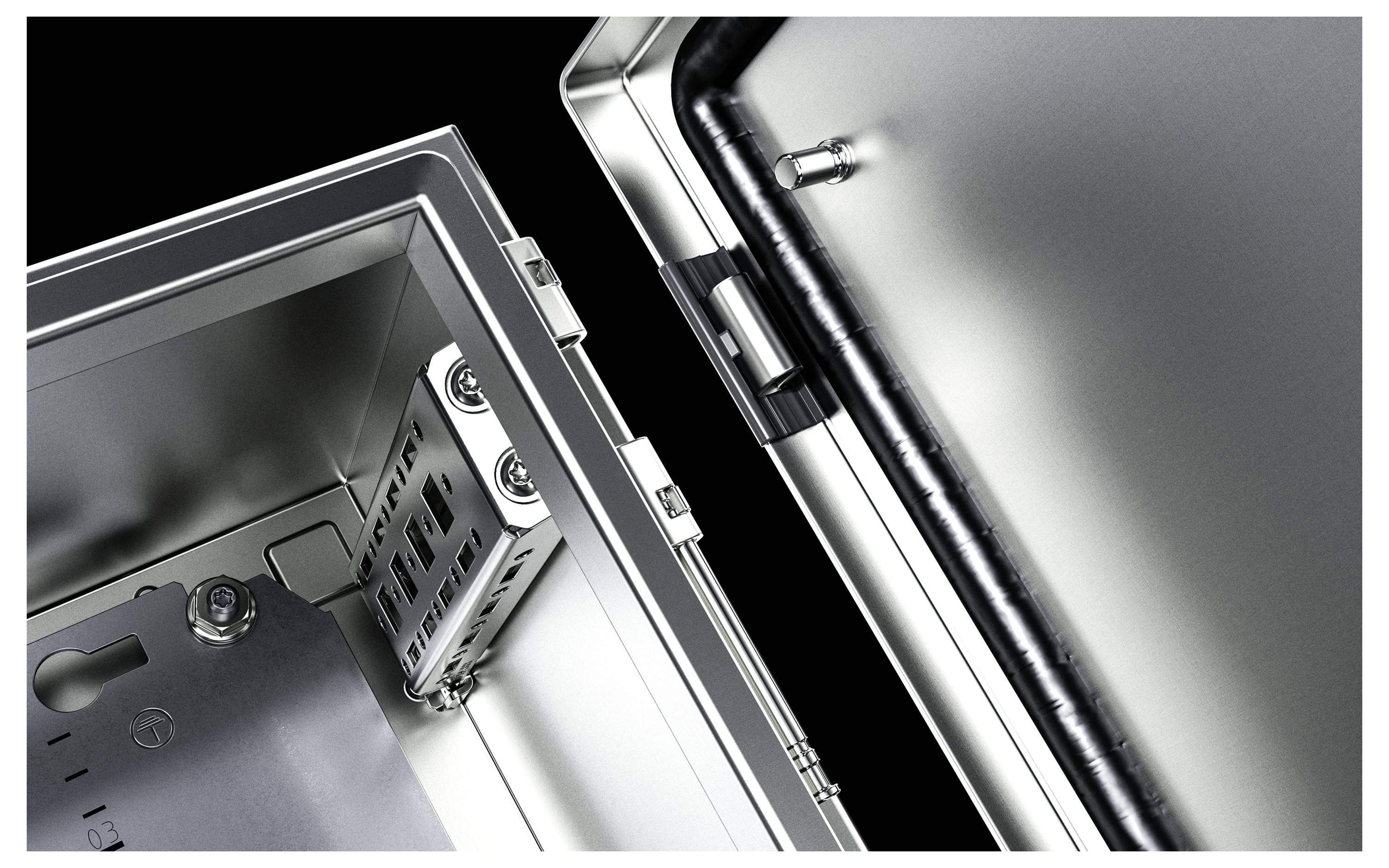 Open metal box with hinged lid, showing interior compartment and mounting elements, used in technical or industrial applications.