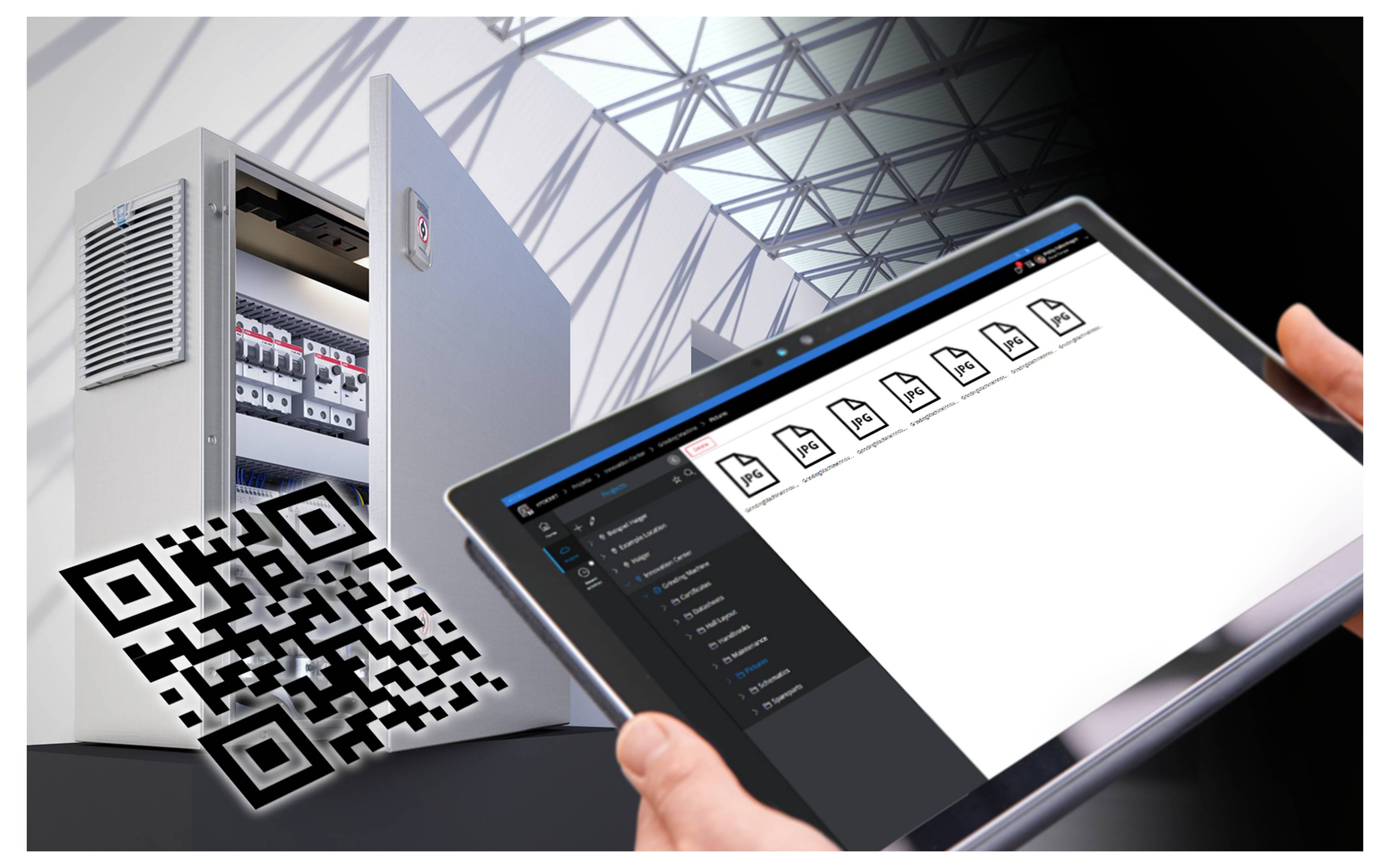 A tablet displays a control programme and a QR code, with an open electrical cabinet visible in the background.