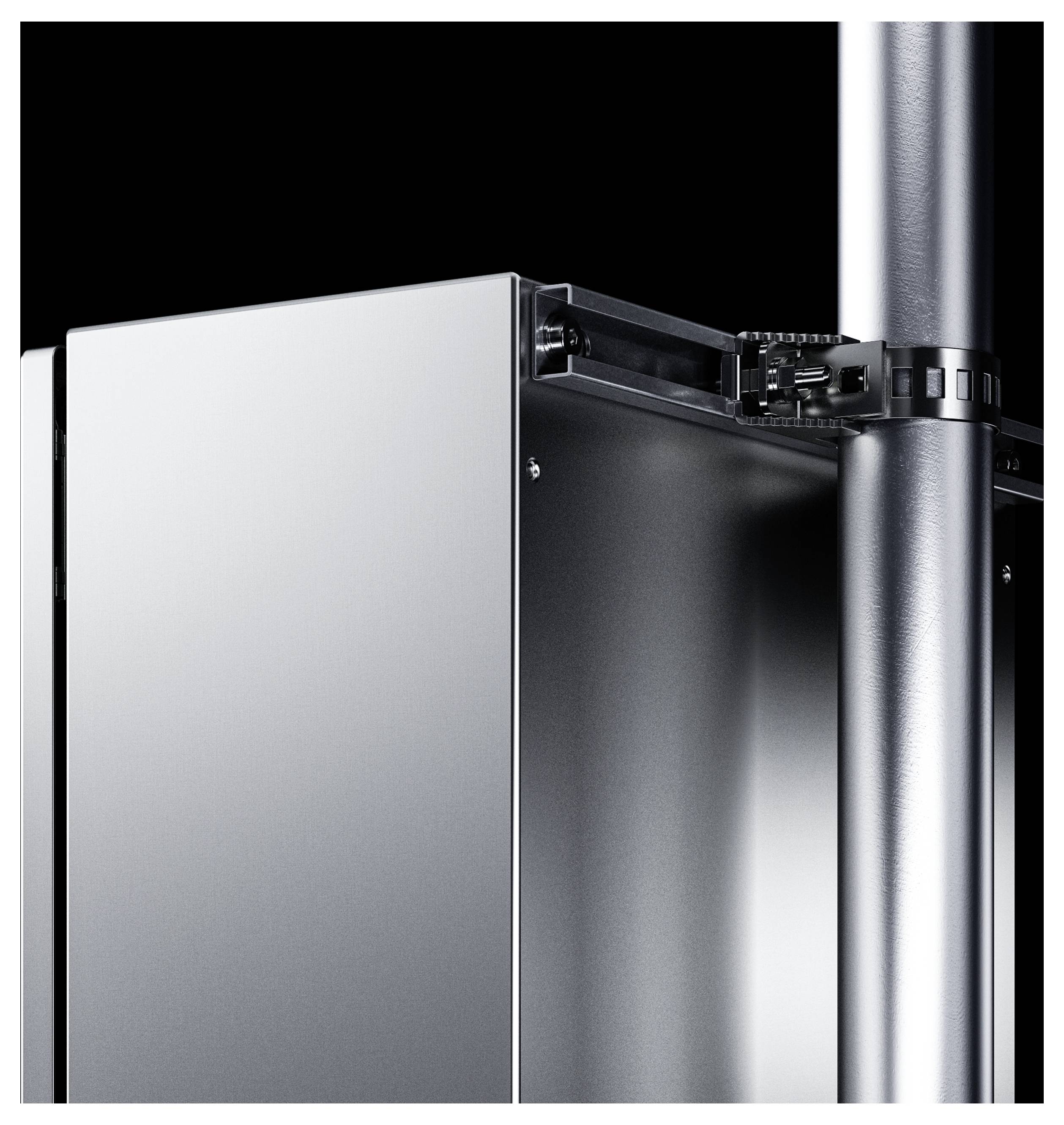 Metal cabinet with a gleaming surface and robust hinges, set against a black background.