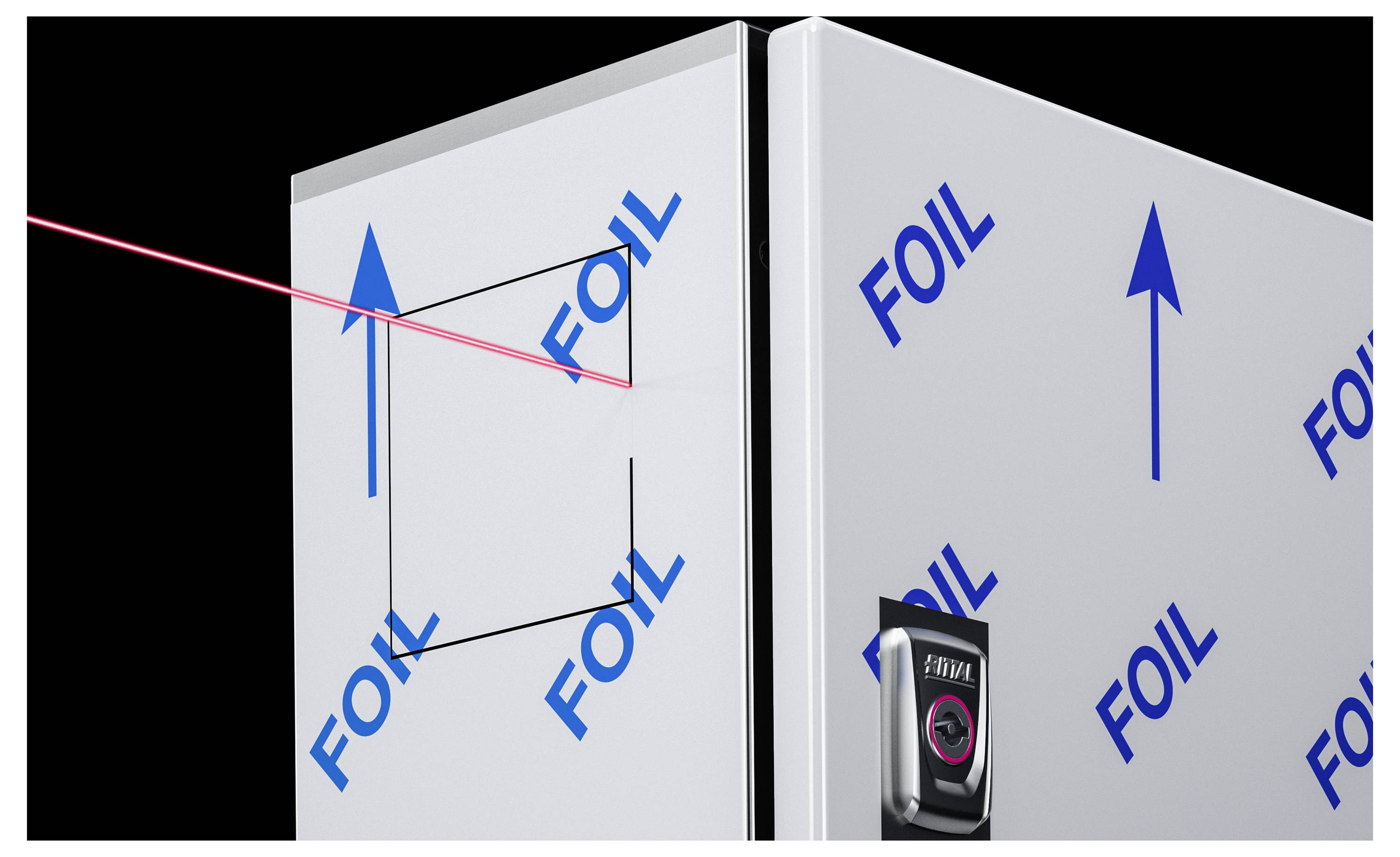 A laser measuring device projects a red line onto a surface covered with protective film to indicate precise cutting lines.