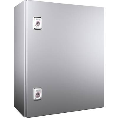 Silver metal cabinet with two locking handles adorned with 'Rittal' logos. The cabinet is closed and simply designed.