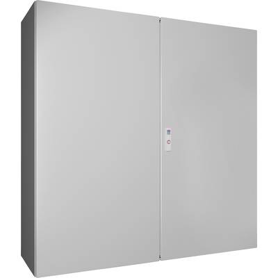 Silver two-door fridge with a simple design and rectangular shape. A small control panel is located on the front.