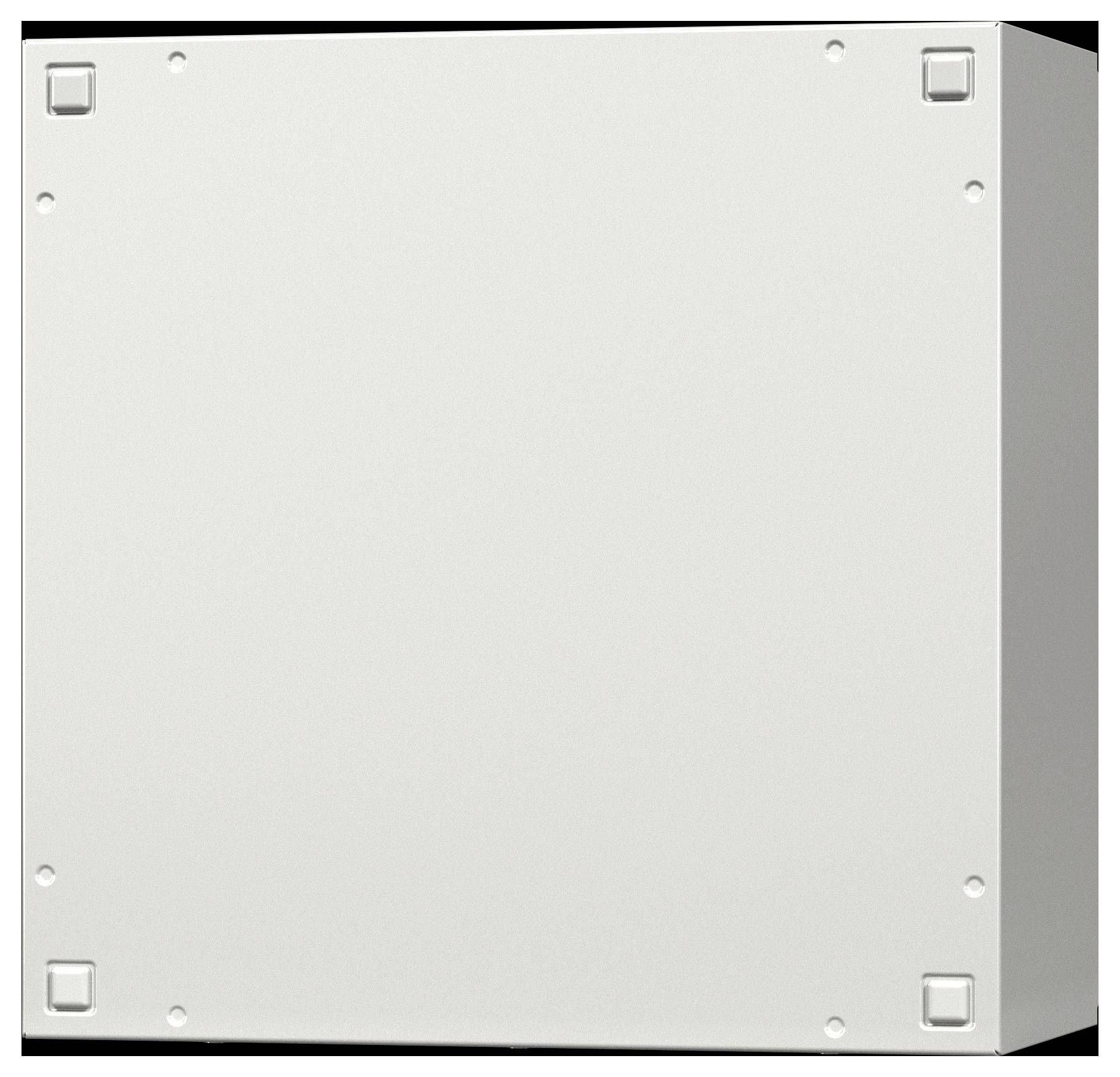 Plain white metal panel or box front with four corner fasteners and small round holes, shown against a white background.