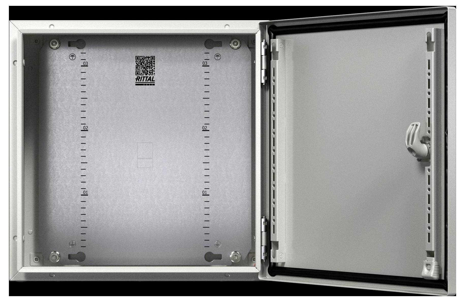 Open metal electrical cabinet or enclosure with an empty inner mounting plate and a door on the right, branded Rittal.
