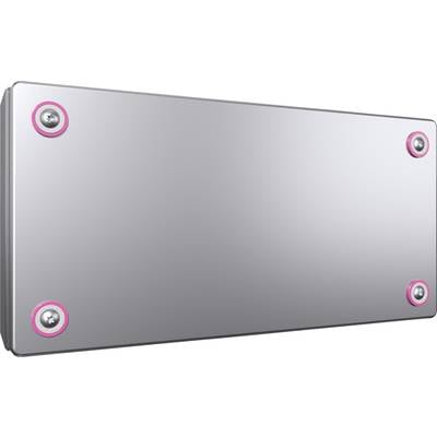 Rectangular metallic plate with four visible screws at the corners. Background is uniformly grey.